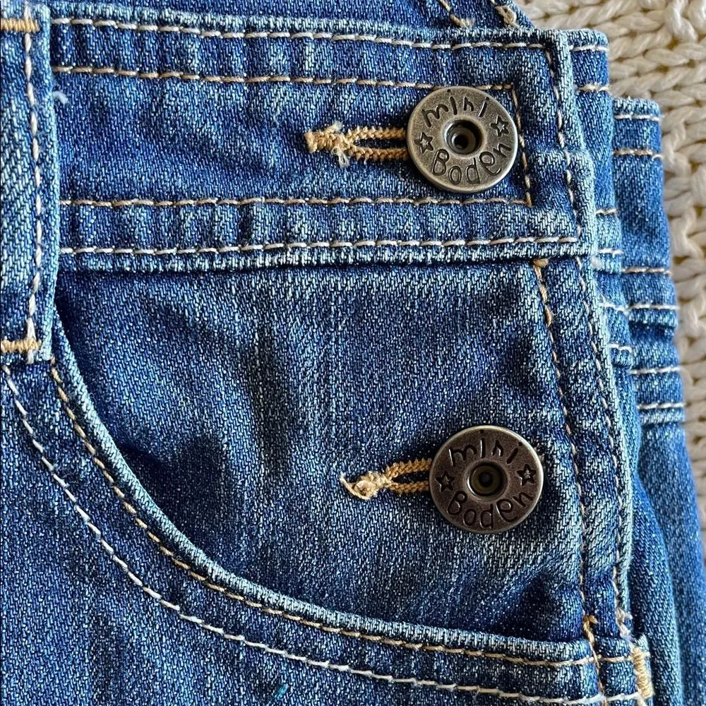Mini Boden Denim Heart Pocket Overall Dress Jumper Heart Pockets Girls EUC
